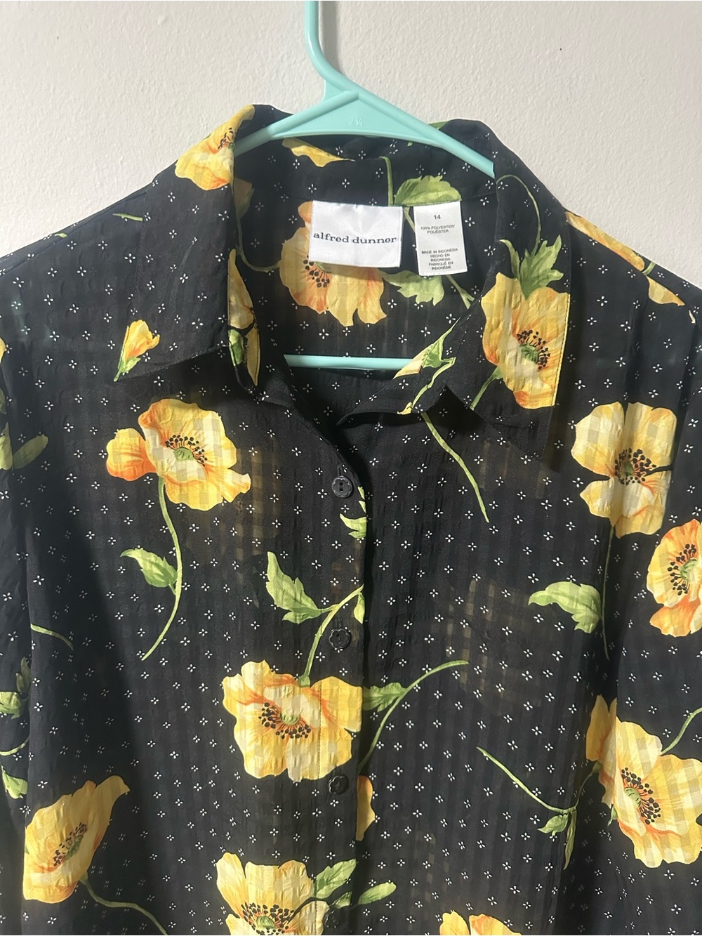 Alfred Dunner Black Button-Down Shirt with Yellow Floral Print